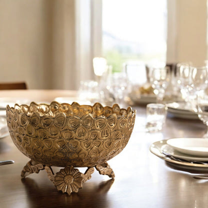 Brass Decorative Floral Embossed Fruit Bowl – 7.9 Inch, 1550 ML Golden Finish Brass Bowl with Pedestal, Handmade Serving & Display Bowl for Dry Fruits, Snacks, Fruits, Table Décor, and Gifting