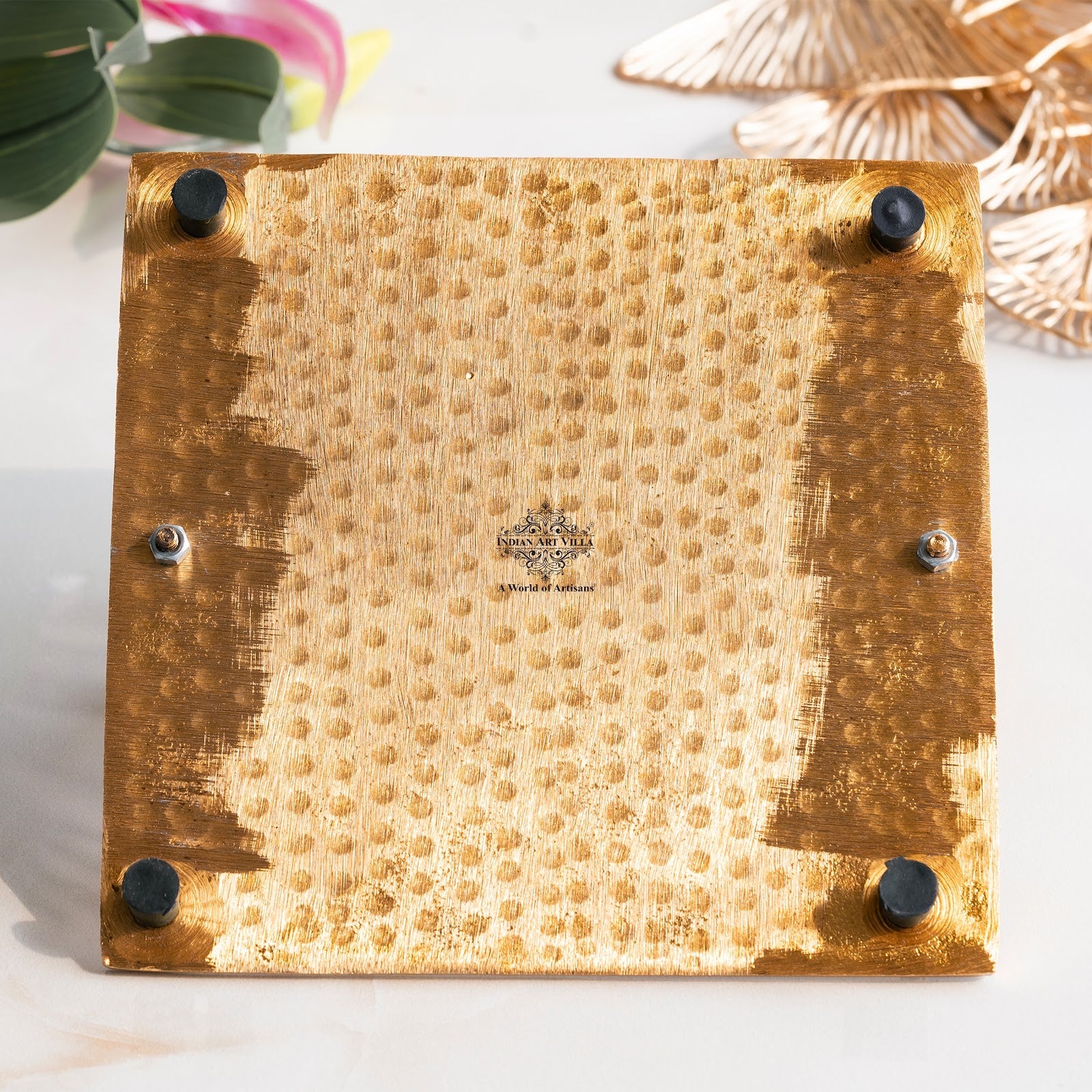 Brass Finish Hammered Napkin Holder with Floral Design - Elegant Table Accessory for Dining, Kitchen, Office, and Gifting