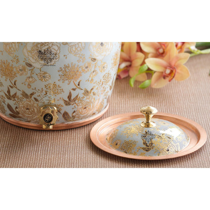 Handcrafted Pure Copper Water Pot with Gold Print Design, Ayurveda Water Vessel, 10 Ltr.