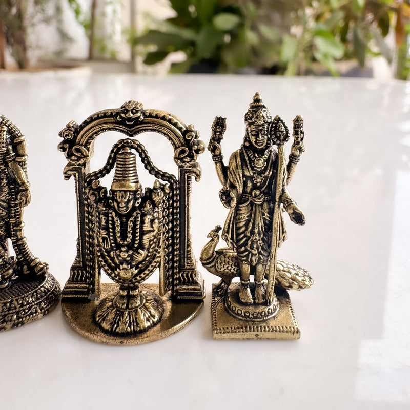 Pure Brass Miniature South Indian Deity Idol Combo for Home Mandir & Décor