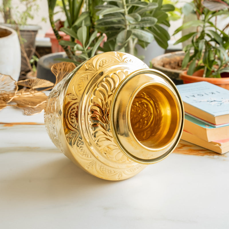 Brass Embossed Kalash with Scrollwork & Base, 3950ml — Hand-Embossed Finish – Authentic Brass