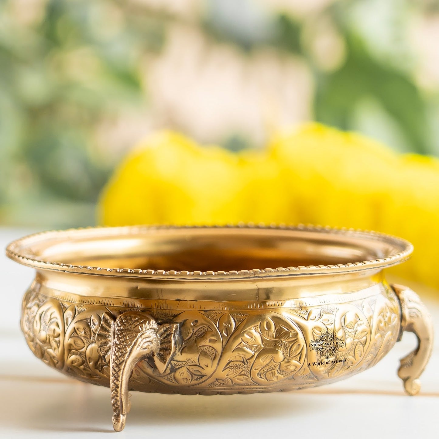 Brass Urli with Elephant Trunk and Embossed Design