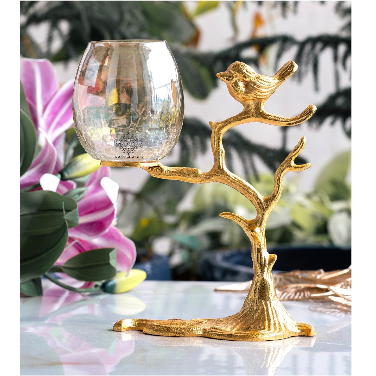 Gold Finish Decorative Candle Holder with Tree Bird Design – Elegant Home Decor Accent For Decoration And Gifting