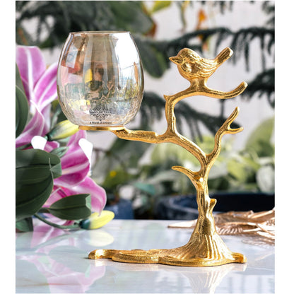 Gold Finish Decorative Candle Holder with Tree Bird Design – Elegant Home Decor Accent For Decoration And Gifting