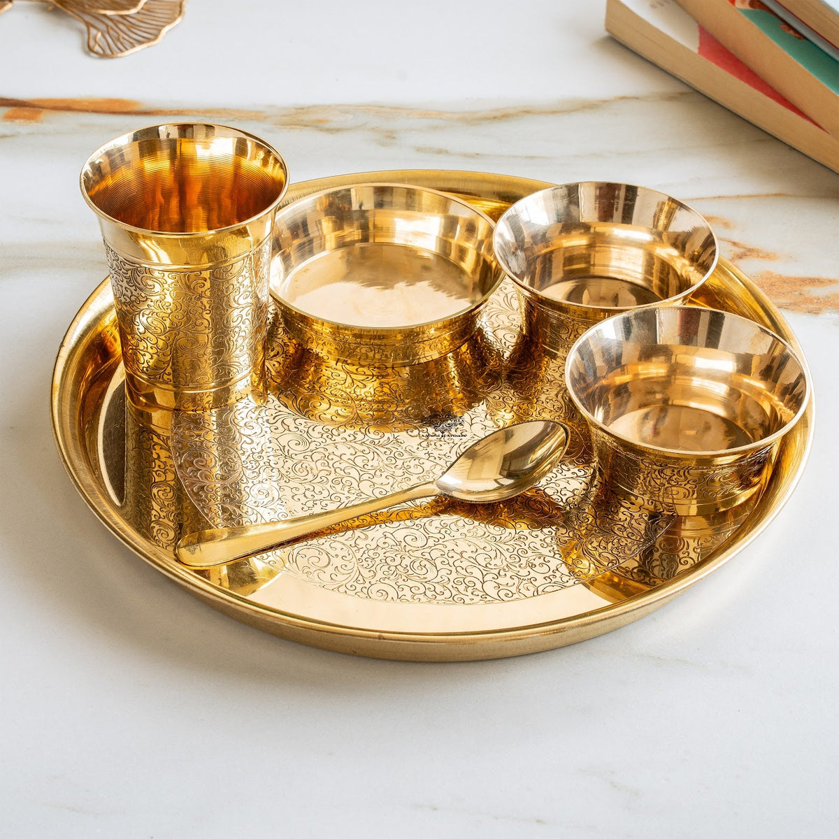 Solid Brass Dinner Set 6Pc - Thali, 2 Bowls, Plate, Spoon, Glass