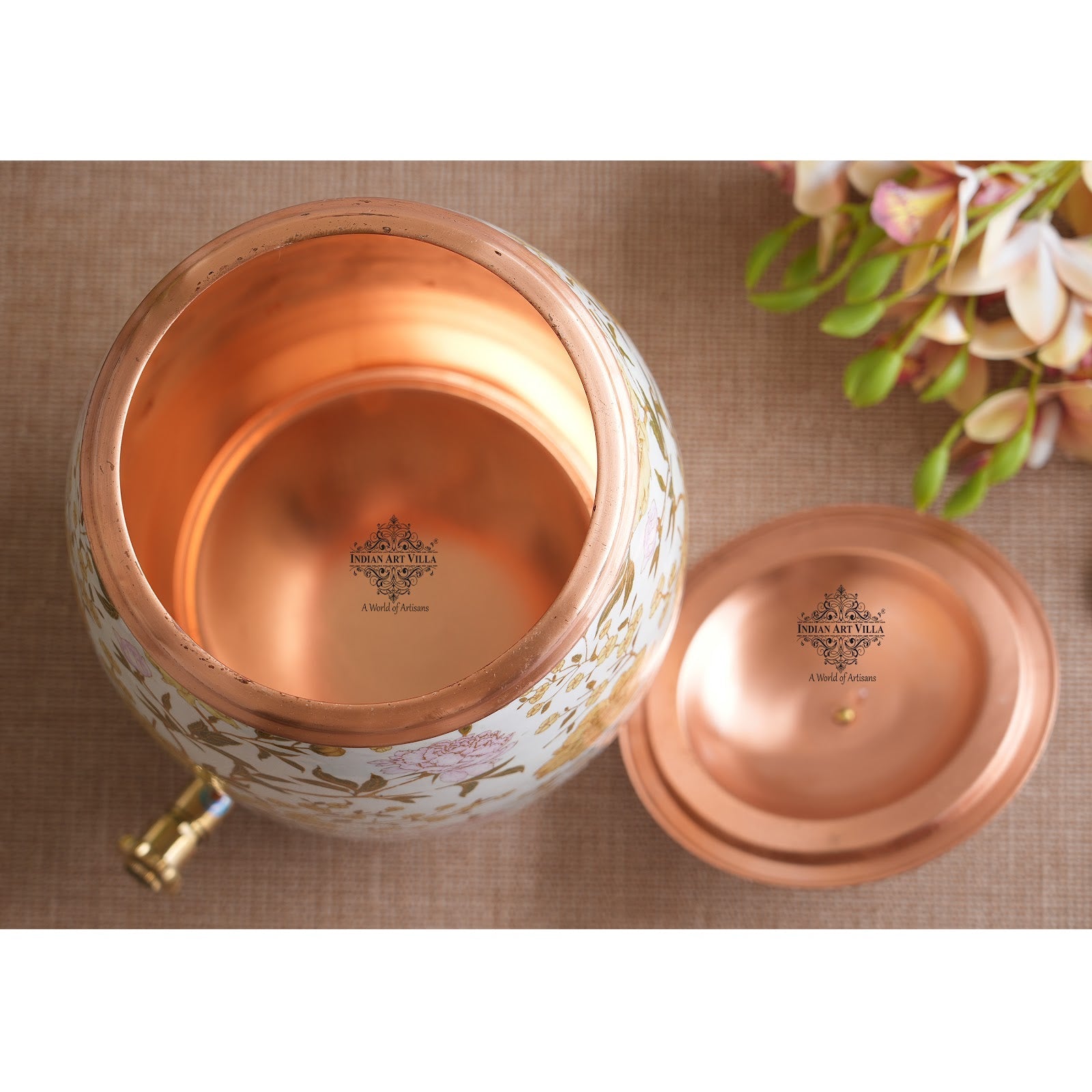 Handcrafted Pure Copper Water Pot with Gold Print Design, Ayurveda Water Vessel, 10 Ltr.