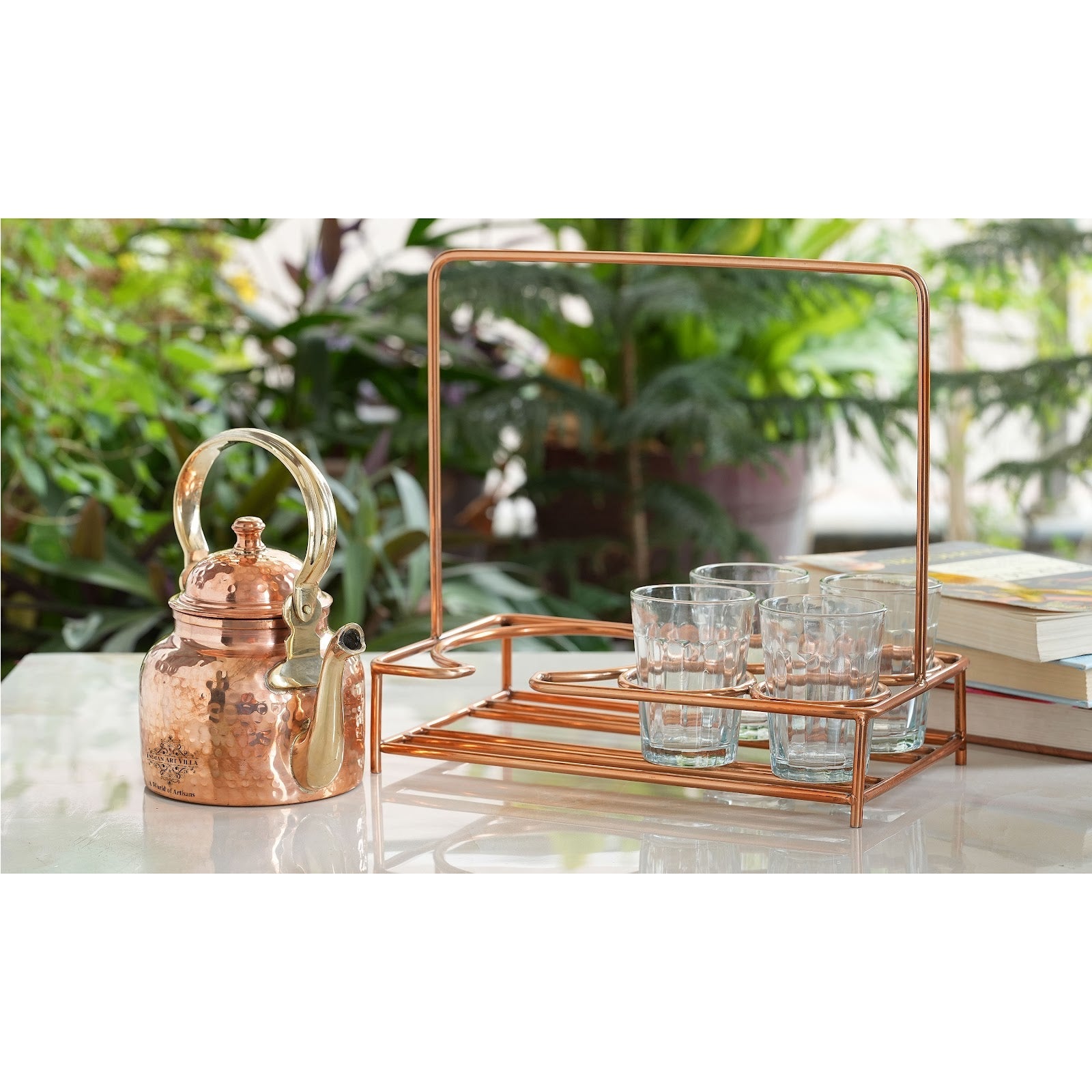 Copper Hammered Tea Pot with Brass Handle with 4 or 6 Glass Tea Cup