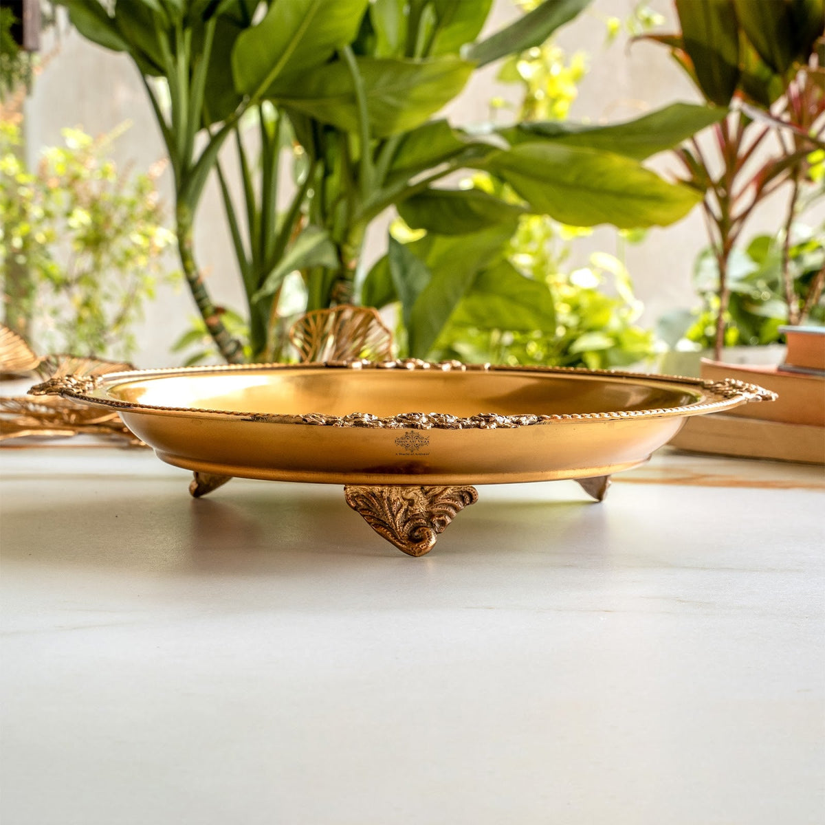 Pure Brass Round Tray with Rose Border For Home Décor