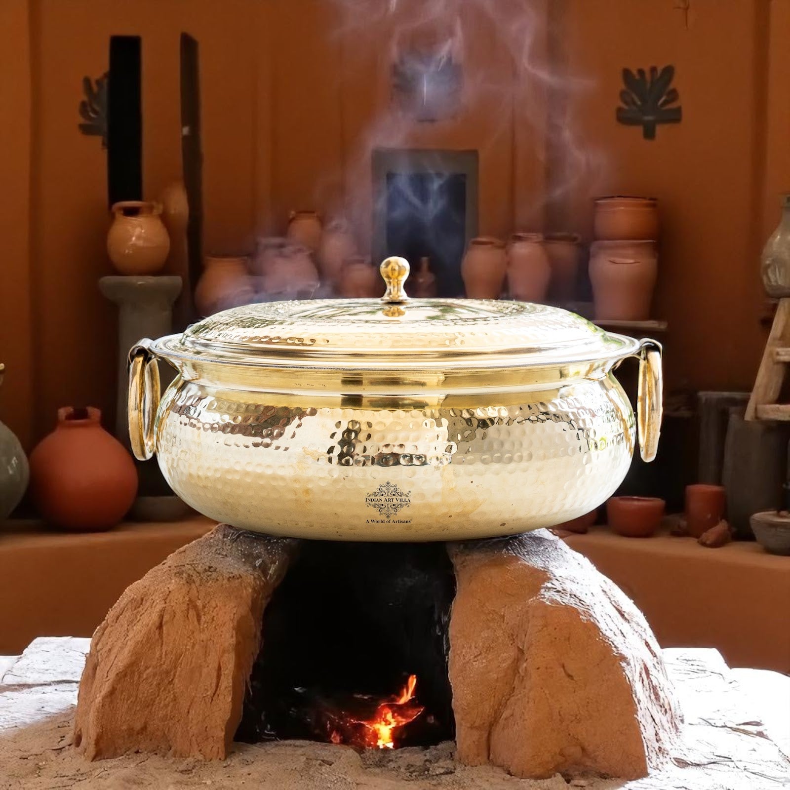 Brass Degchi With Hammered Design, Handle & Inside Tin Lining