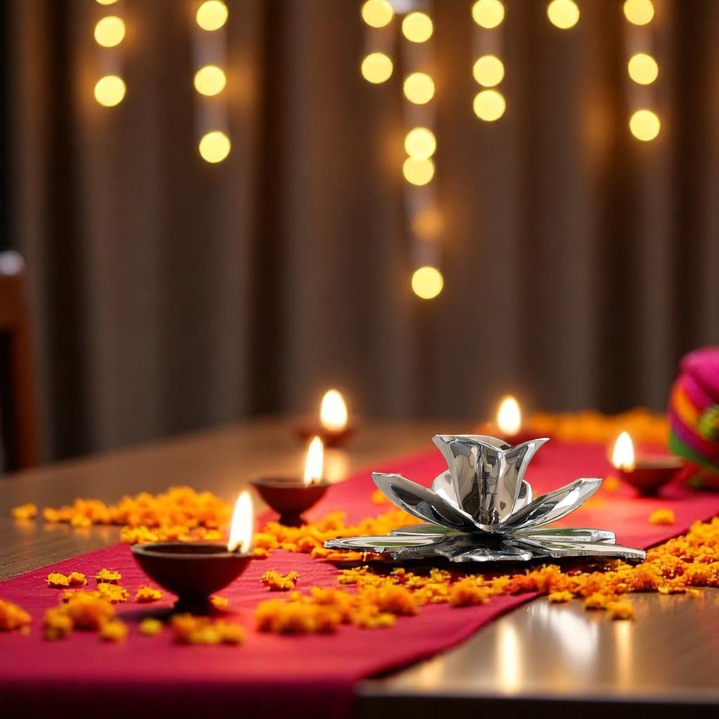 Silver-Plated Lotus Design Candle Stand – Elegant Handcrafted Decor for Festive, Spiritual & Home Ambience – Ideal for Tealight Holding and Table Centerpiece