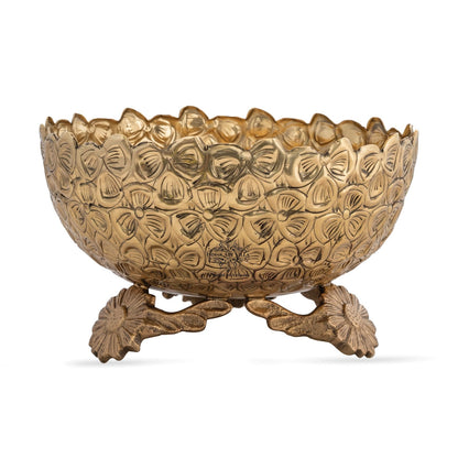 Brass Decorative Floral Embossed Fruit Bowl – 7.9 Inch, 1550 ML Golden Finish Brass Bowl with Pedestal, Handmade Serving & Display Bowl for Dry Fruits, Snacks, Fruits, Table Décor, and Gifting