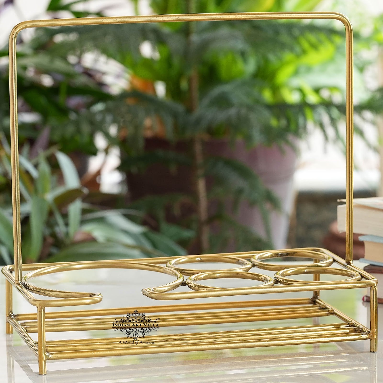 Handcrafted Pure Brass Hammered Tea Pot with Brass Stand with 4 Glass Tea Cup