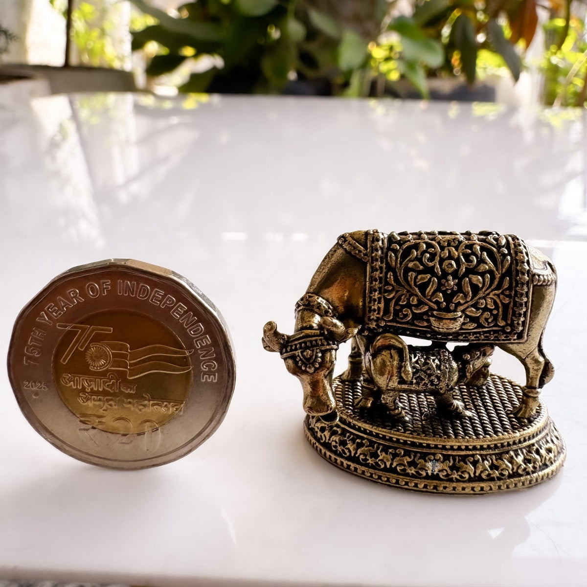 Pure Brass Miniature Kamdhenu Cow with Calf - 2.79 cm
