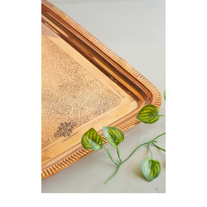Pure Copper Embossed Flower Design Rectangular Tray - 26.92 cm Length