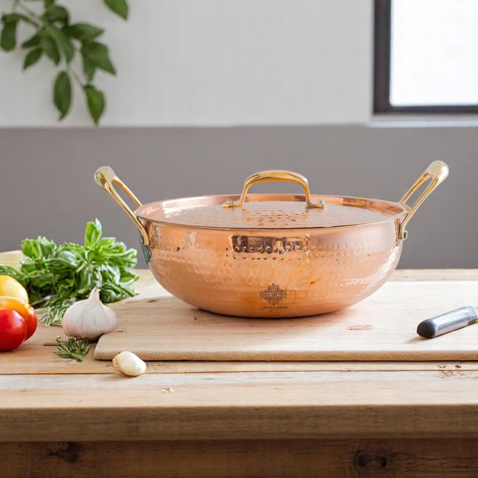 Pure Copper Kadhai With Lid & Inside Tin Lining