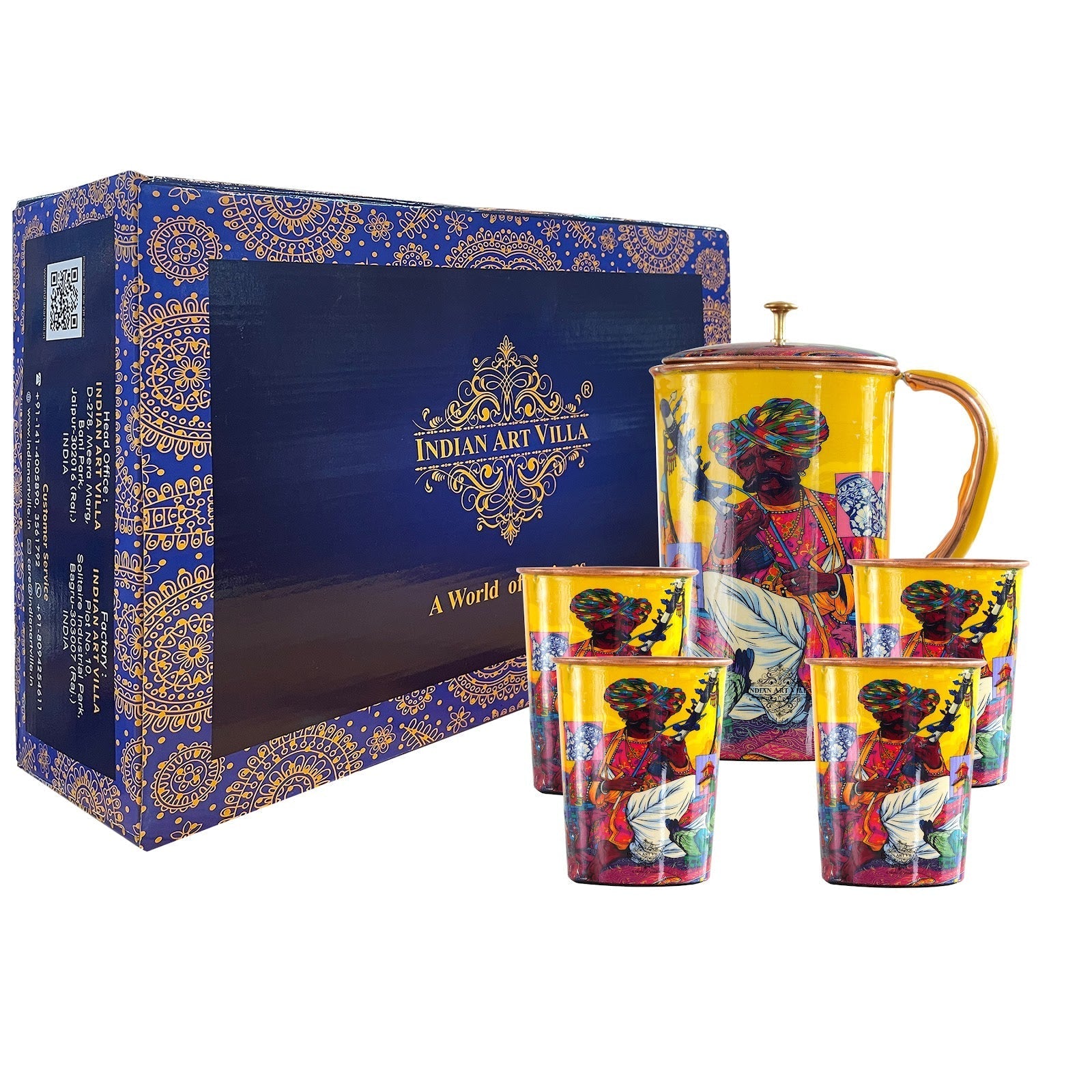 Pure Copper Printed Padharo Mhare Desh Jug & Glass Gift Set