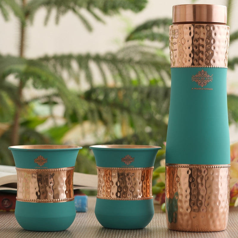 Copper Drinkware Gift Set of 2 Glass and 1 Bottle With Silk Finish Color