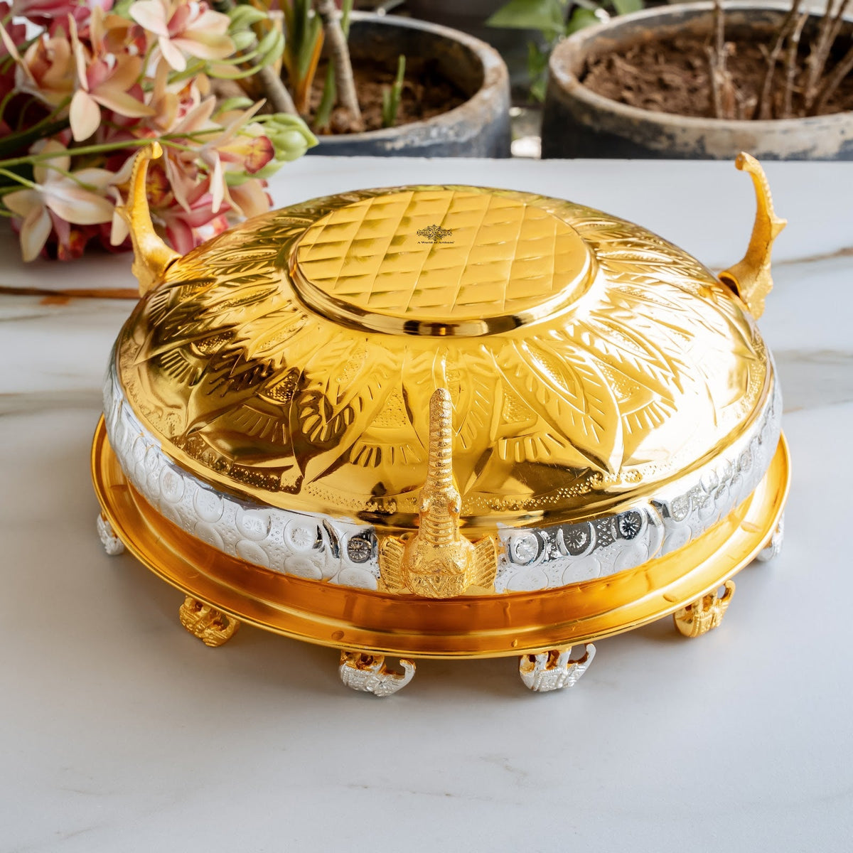 Gold and Sliver Two-Tone Brass Urli with Elephant Design Legs - 7400 ML