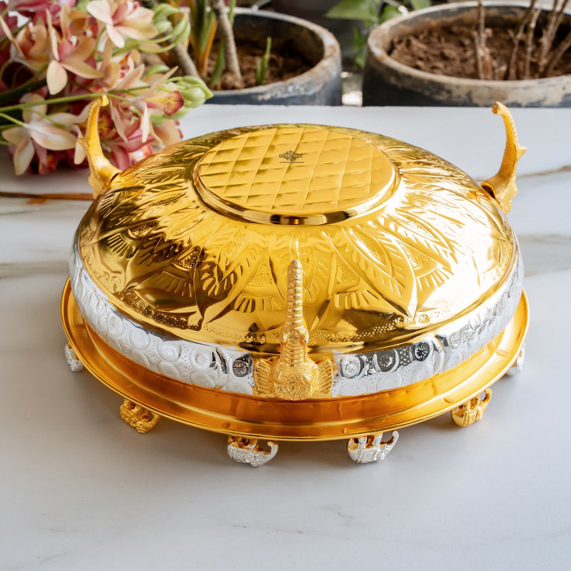 Gold and Sliver Two-Tone Brass Urli with Elephant Design Legs - 7400 ML