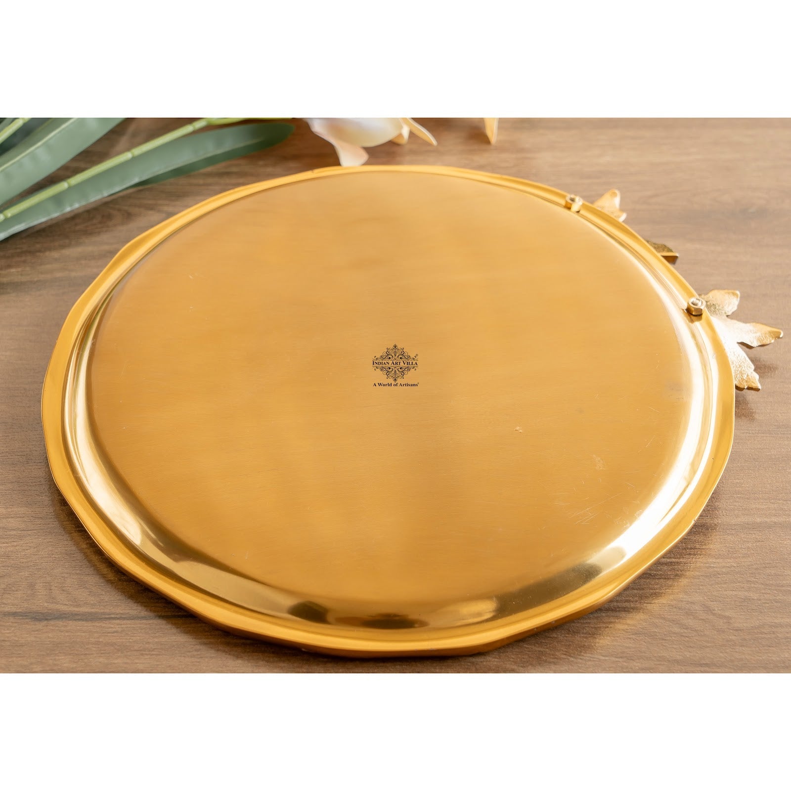Brass Finish Decorative Serving Platter with Flower Design, Luxurious Serveware for Home Décor