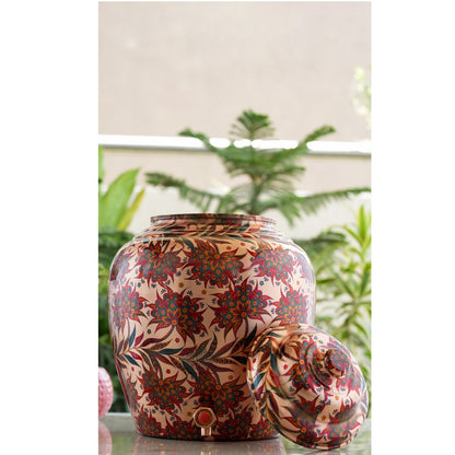 Copper Water Dispenser/Pot/Matka In Red and Blue Floral Print Design with Brass Tap,13 Ltr.