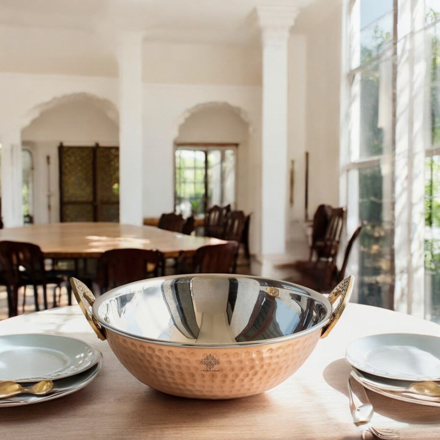 Steel Copper Hammered Design Kadhai - Elegant Serveware with Brass Handles, Traditional Indian Tableware for Dining, Special Occasions & Gifting