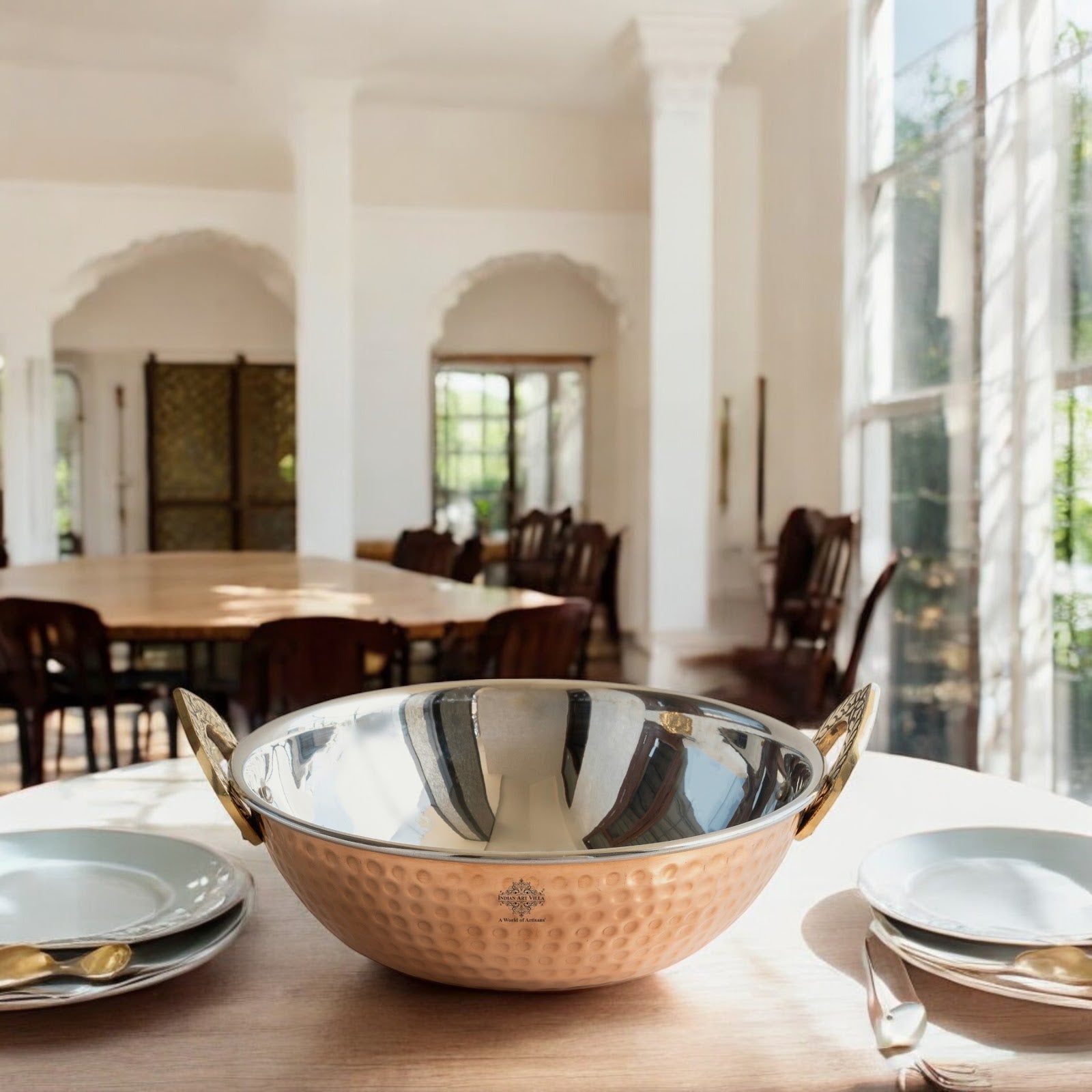 Steel Copper Hammered Design Kadhai - Elegant Serveware with Brass Handles, Traditional Indian Tableware for Dining, Special Occasions & Gifting