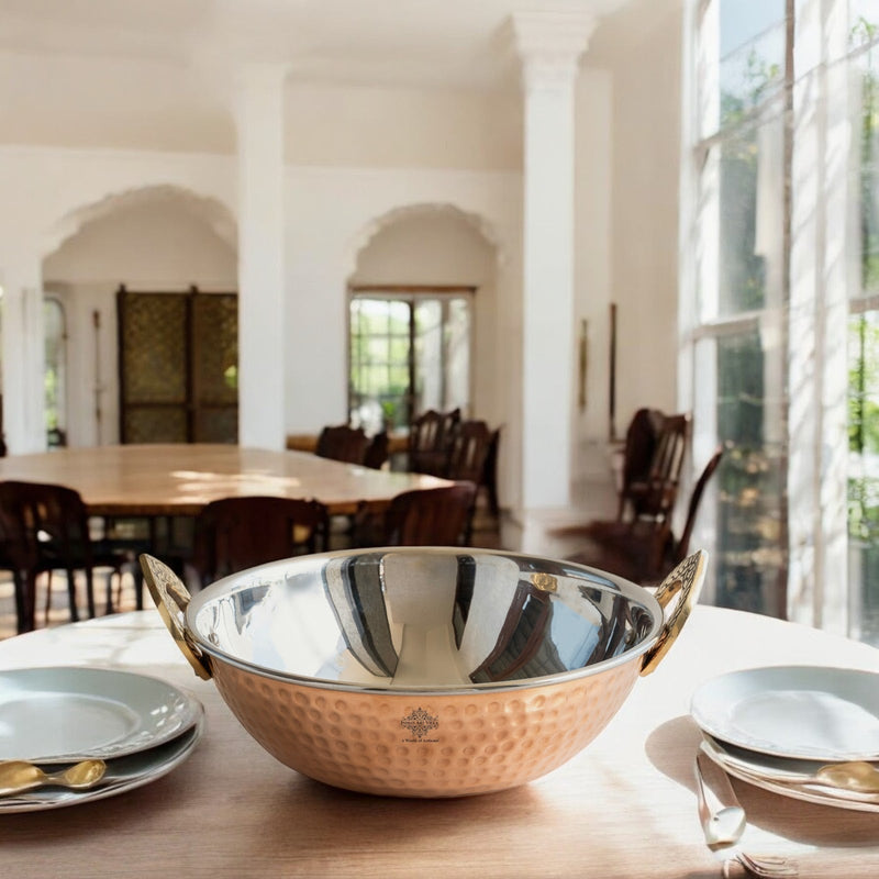 Steel Copper Hammered Design Kadhai - Elegant Serveware with Brass Handles, Traditional Indian Tableware for Dining, Special Occasions & Gifting