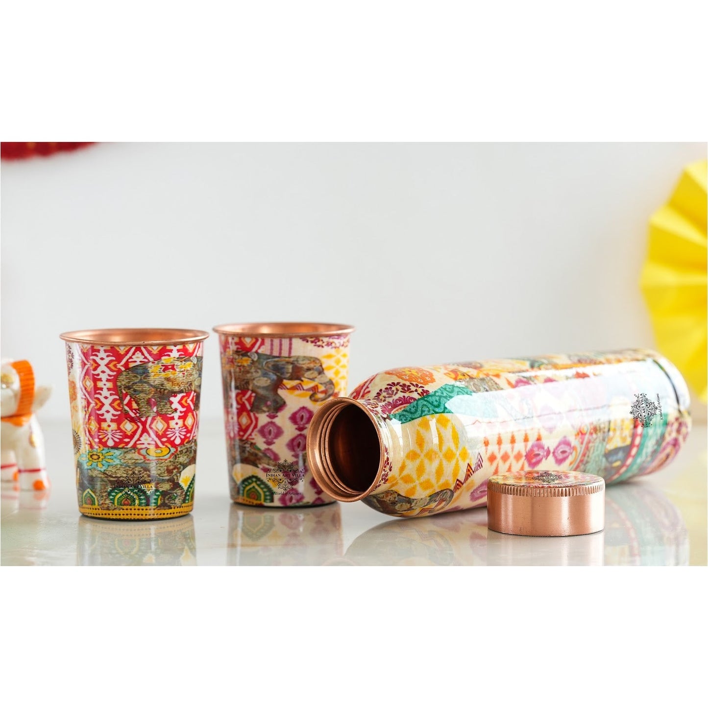 Rajasthani Meena "Padharo Mhare Desh" Printed Copper Bottle & Glass Set