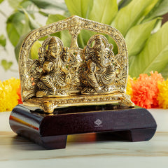 Brass Finish Ganesh Ji With Laxmi JI Murti with Wooden Base