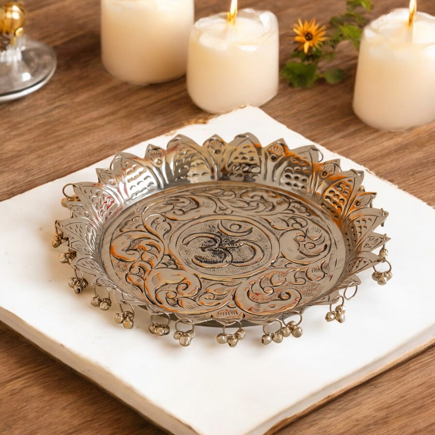 Silver Plated Pooja Thali Intricate Floral Pattern - Lightweight & Durable