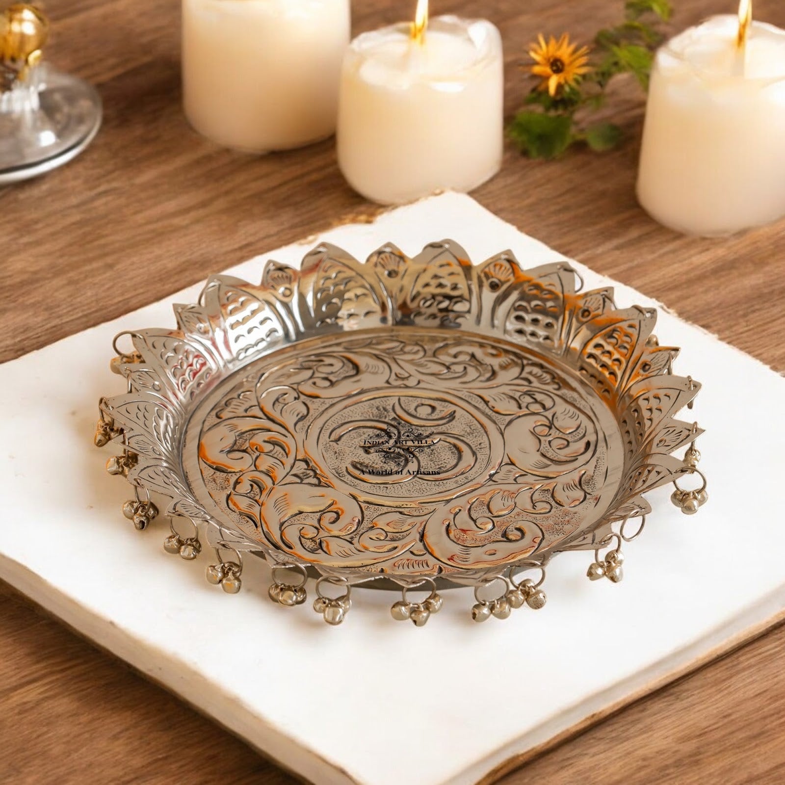Silver Plated Pooja Thali Intricate Floral Pattern - Lightweight & Durable