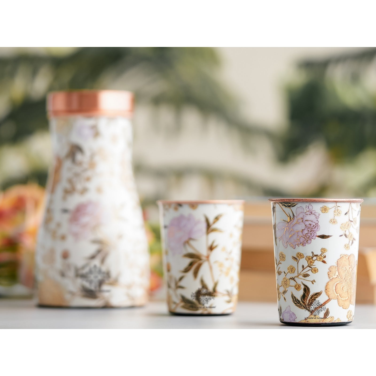 Copper Gold Printed Bedroom Bottle with 2 Glass Set – 900 ML Bottle & 300 ML Glass