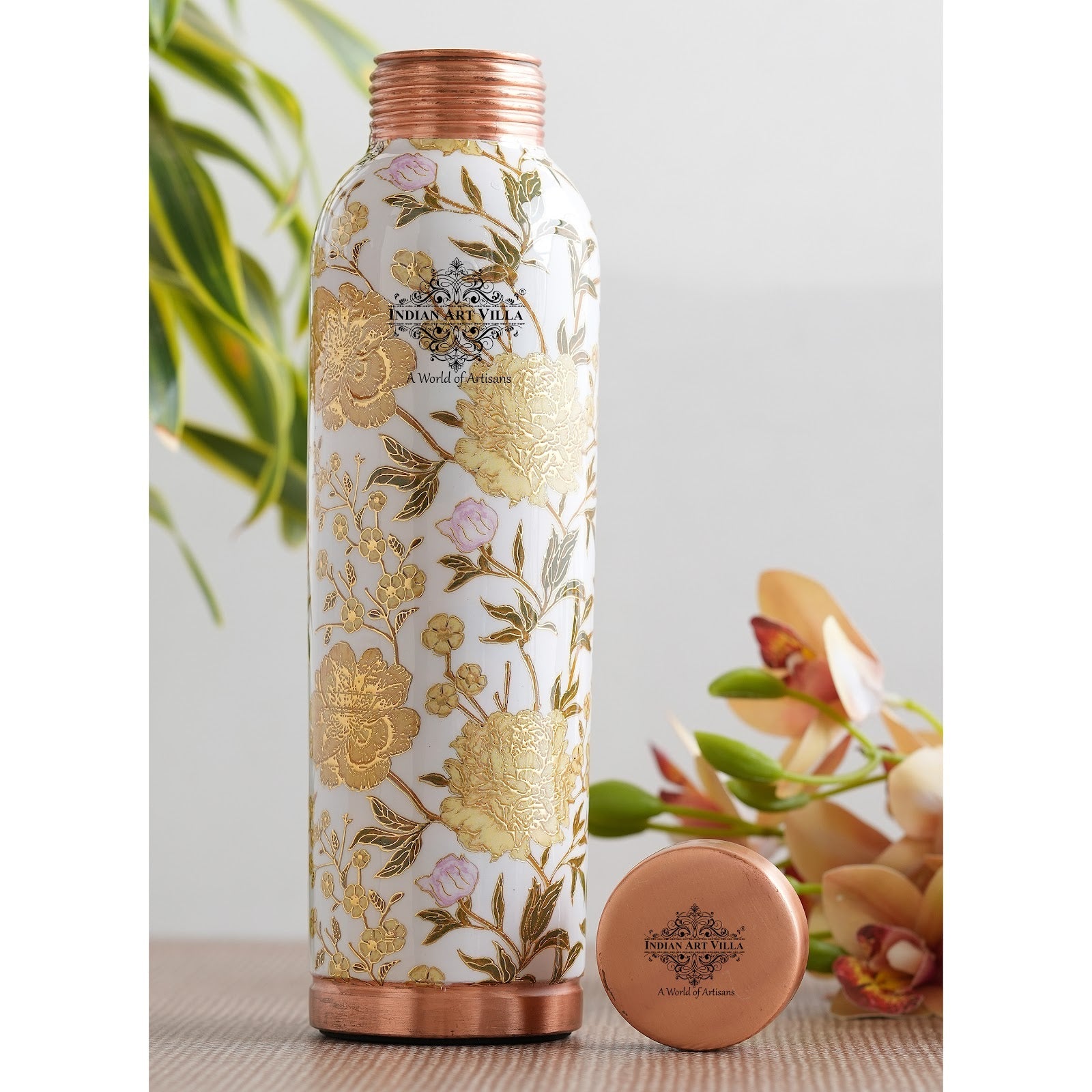 Pure Copper Water Bottle with Different Gold Print Designs, 900 ML