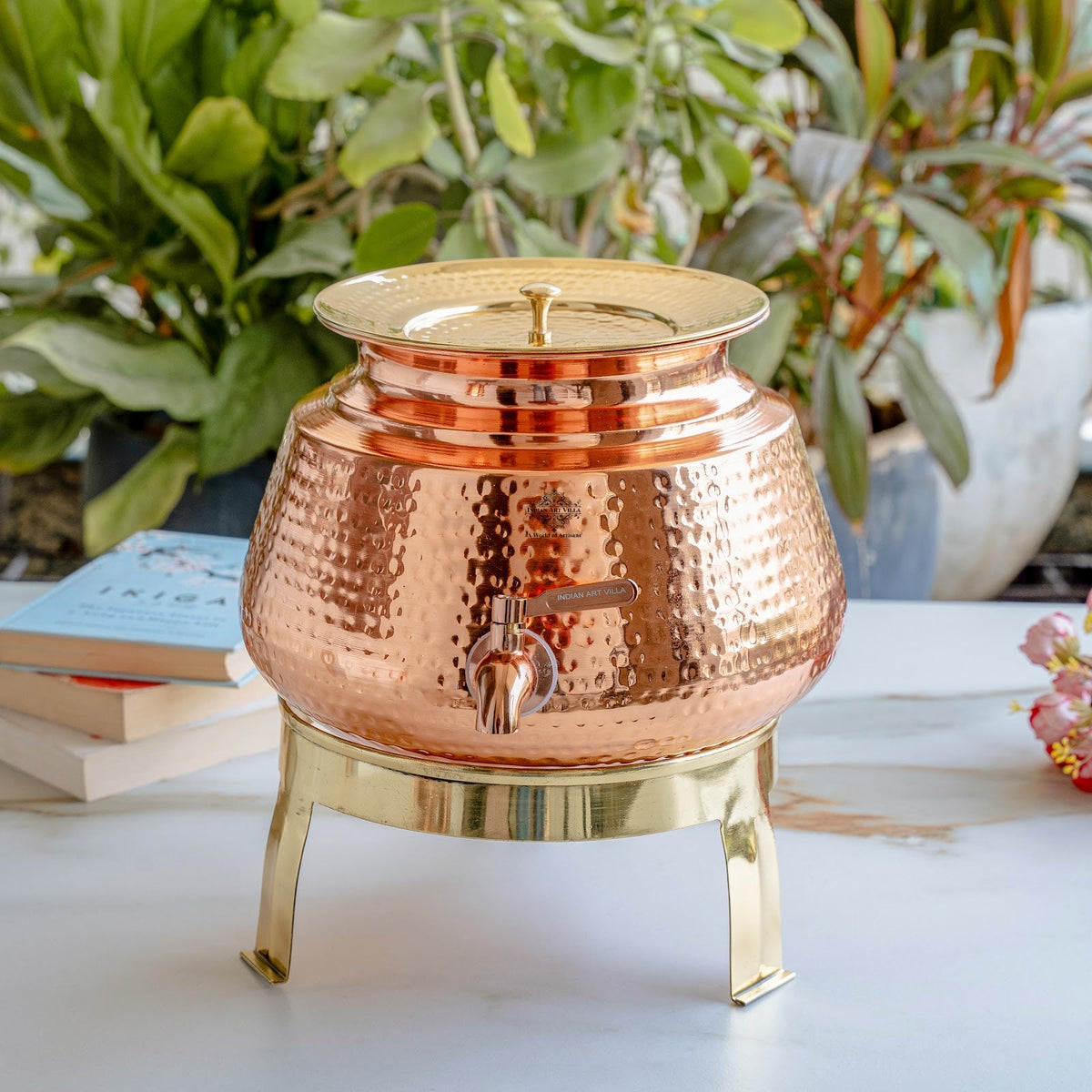 Pure Copper Water Dispenser Matka with Lid & Stand | Hammered Design 6500 ML