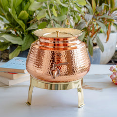 Pure Copper Water Dispenser Matka with Lid & Stand | Hammered Design 6500 ML