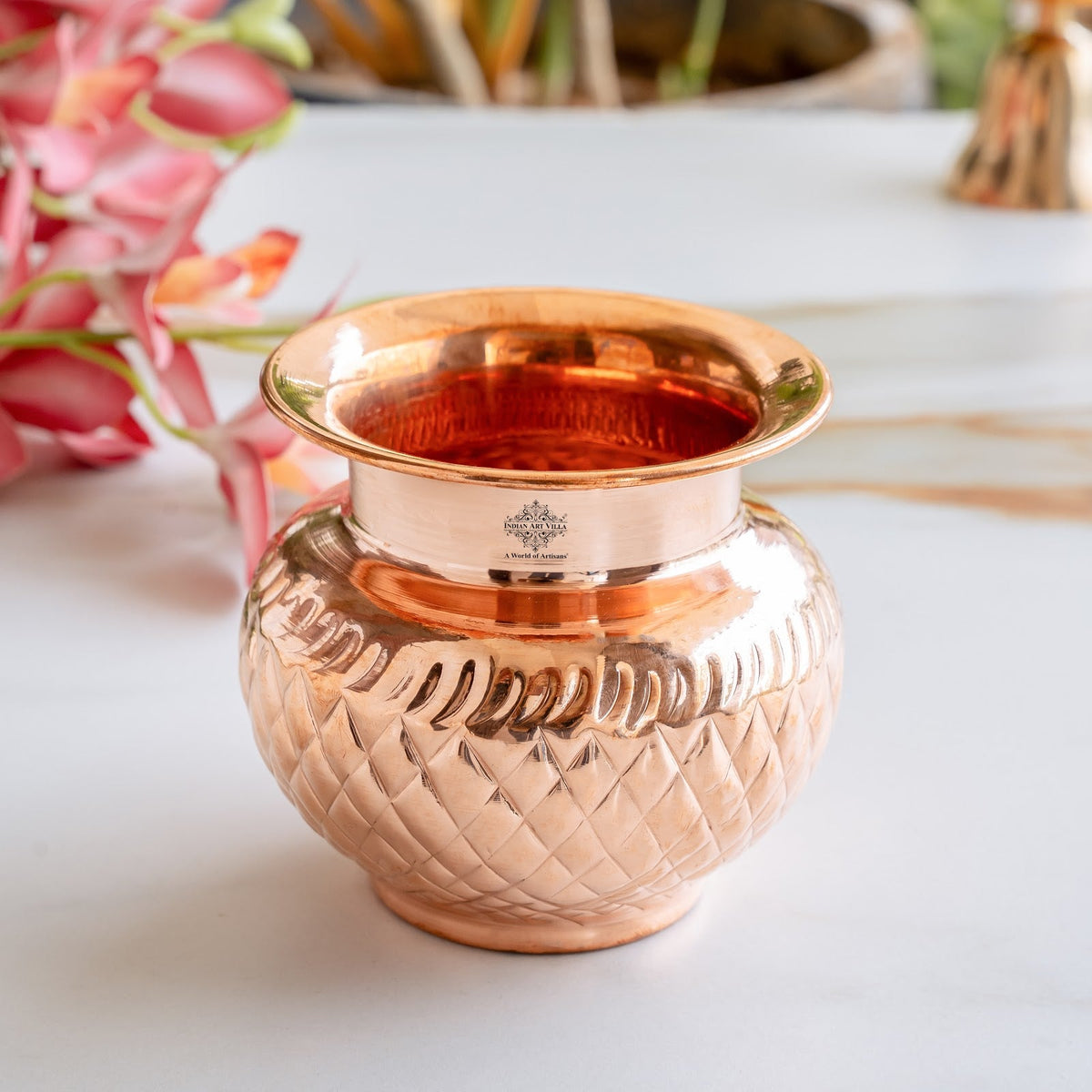 Pure Copper Lota with Diamond Cut Design For Pooja - 550 ML