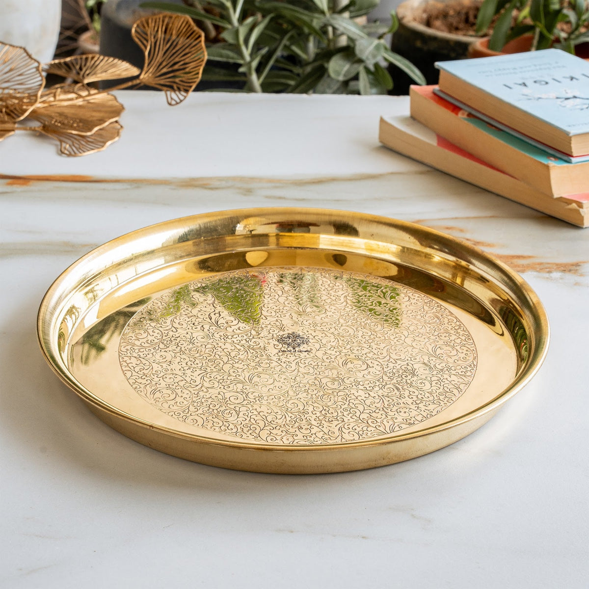 Solid Brass Dinner Set 6Pc - Thali, 2 Bowls, Plate, Spoon, Glass