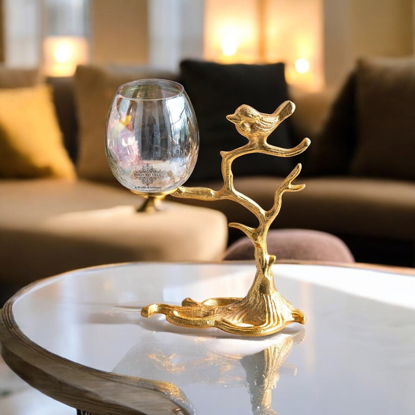 Gold Finish Decorative Candle Holder with Tree Bird Design – Elegant Home Decor Accent For Decoration And Gifting