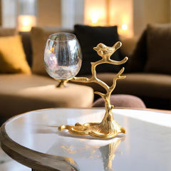 Gold Finish Decorative Candle Holder with Tree Bird Design – Elegant Home Decor Accent For Decoration And Gifting