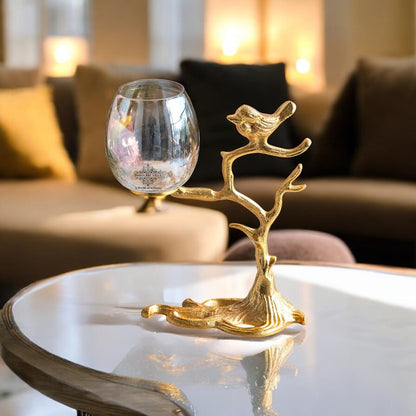 Gold Finish Decorative Candle Holder with Tree Bird Design – Elegant Home Decor Accent For Decoration And Gifting