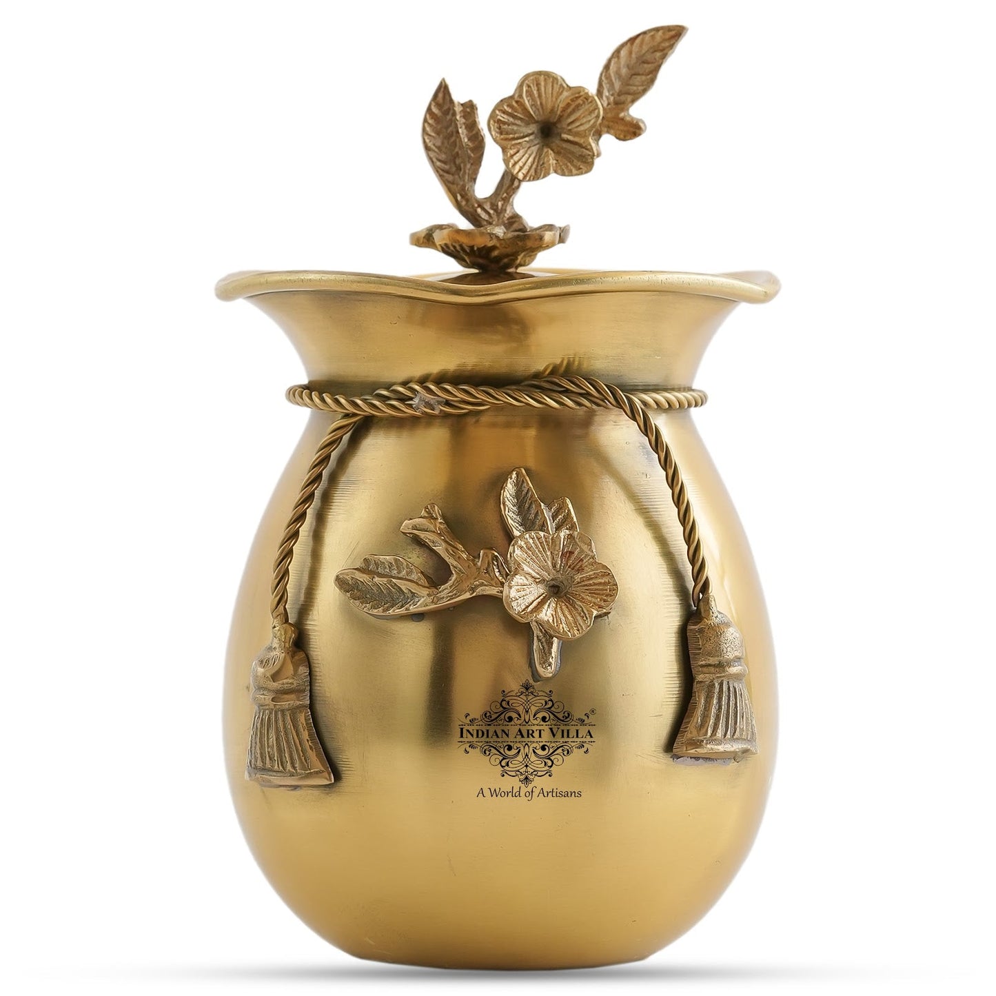 Brass Decorative Handi with Tie Design on Neck and Flower Design Lid