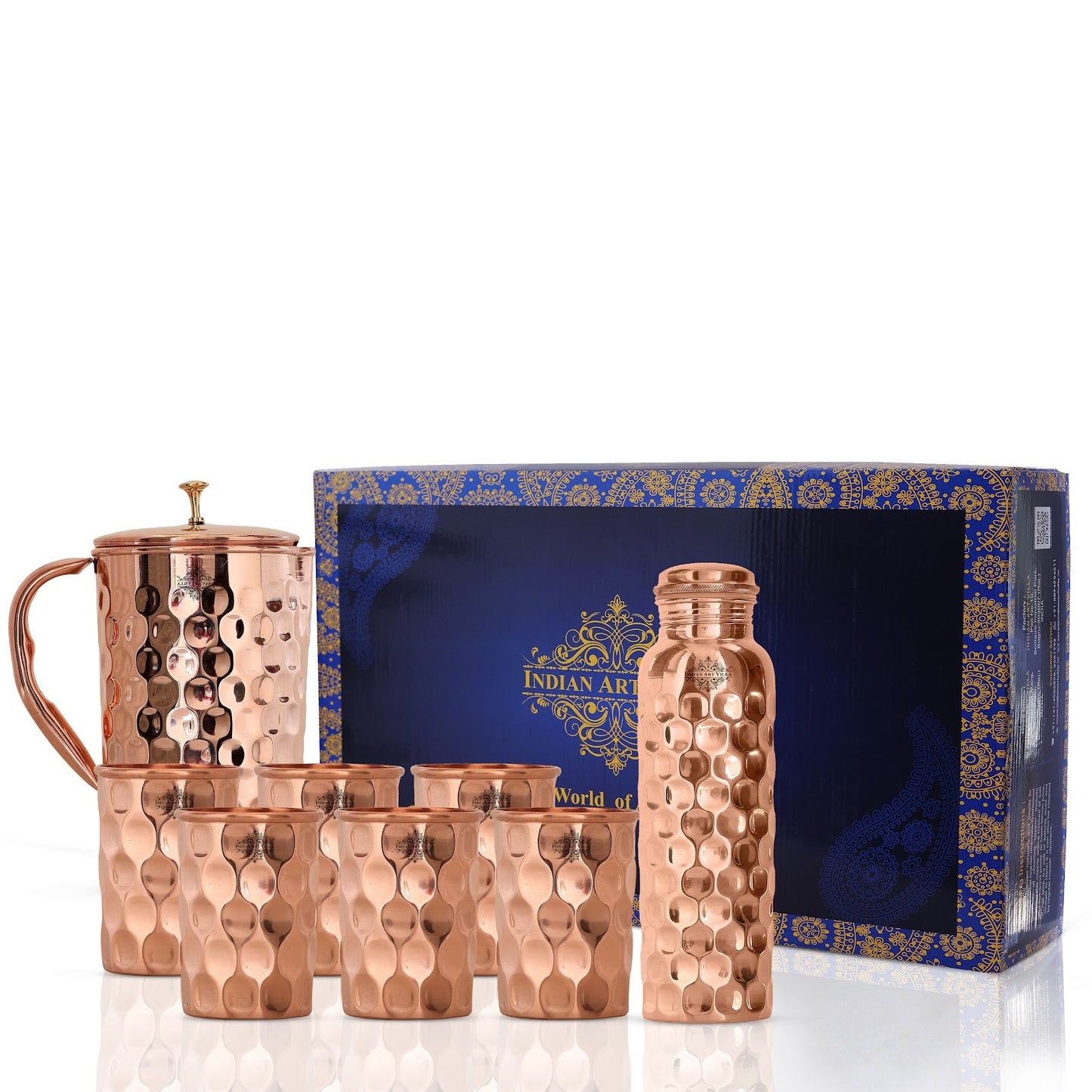 Pure Copper Drinkware Gift Set, Diamond Design, Set of 6 Glass, 1 Bottle and 1 Jug