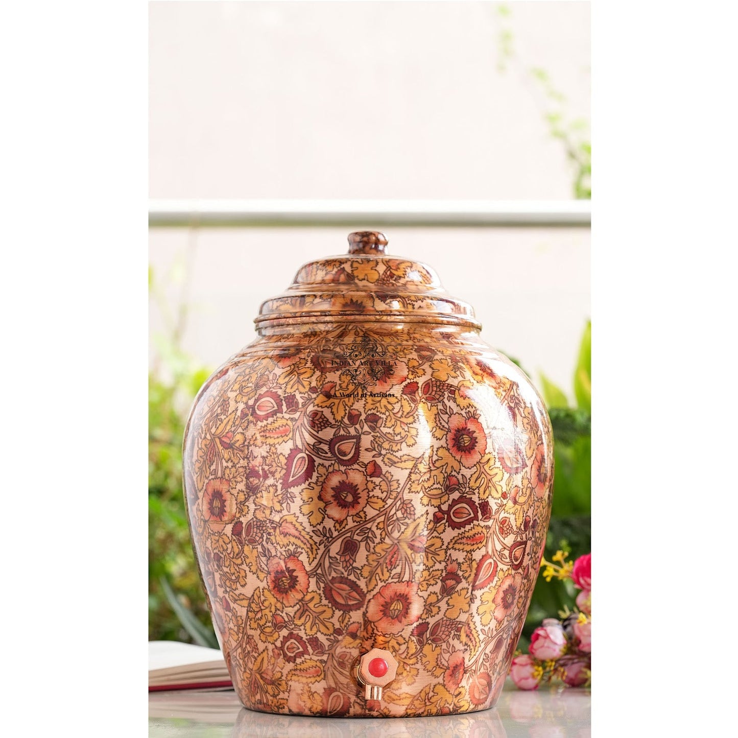 IndianAtVilla Printed Flower Design Copper Water Dispenser Pot Matka, Storage, Home Kitchen Garden