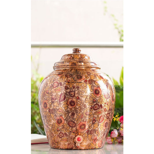 IndianAtVilla Printed Flower Design Copper Water Dispenser Pot Matka, Storage, Home Kitchen Garden