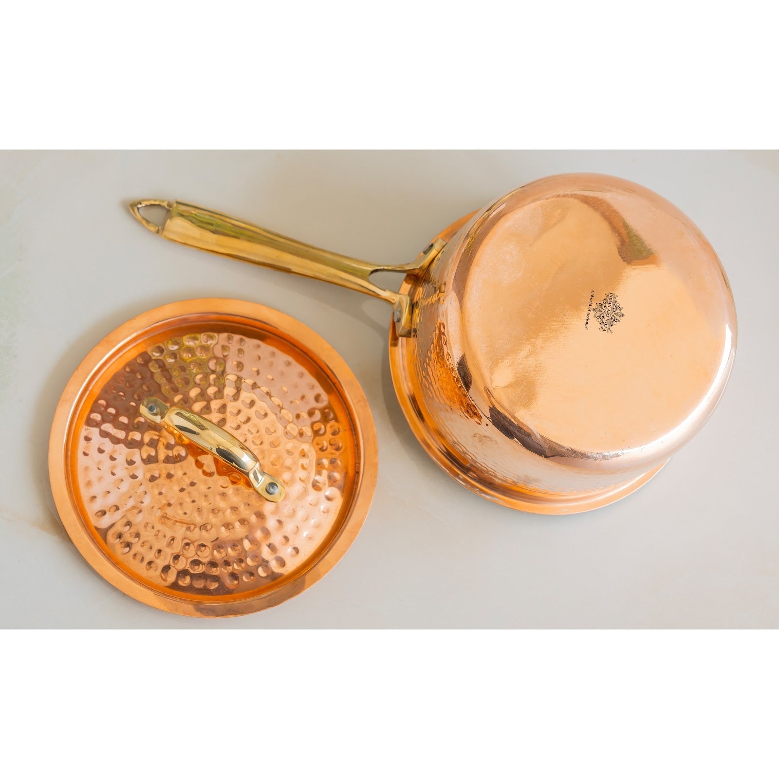 Indian Art Villa, Pure Copper Hammer Long Handle Sauce Pan With Inside Tin Lining And Lid, Copper Cookware & Serveware