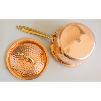Indian Art Villa, Pure Copper Hammer Long Handle Sauce Pan With Inside Tin Lining And Lid, Copper Cookware & Serveware