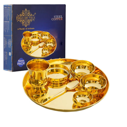 Pure Brass Dinner Set Shine FInish Design Set of 7 Piece, 30.48 cm thali