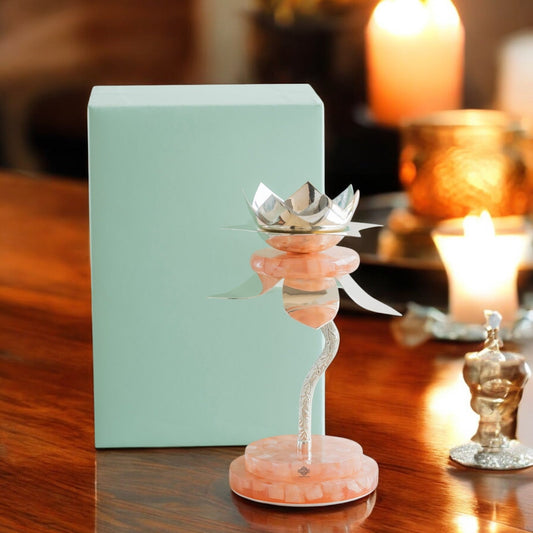 Silver Plated Resin Lamp Stand with Gift Box – Elegant Decorative Lotus Design, Perfcet For Home, Festival, Wedding And Premium Gifting
