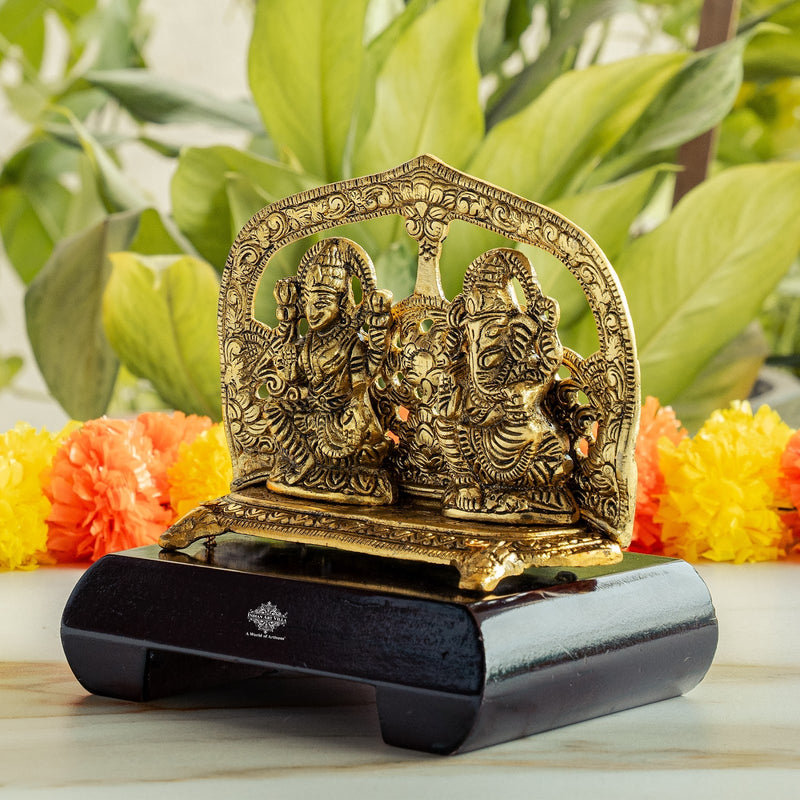 Brass Finish Ganesh Ji With Laxmi JI Murti with Wooden Base
